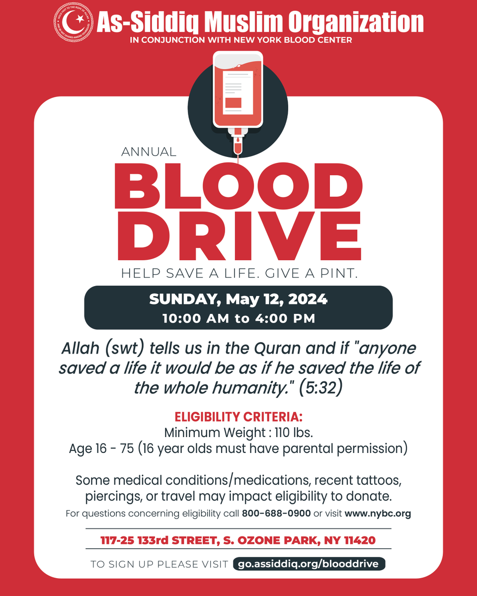 🌟 Join us for our annual Islamic blood drive! 🌟

Make a lifesaving impact by donating blood to those in need.  Don't miss out—sign up today and be a hero! go.assiddiq.org/blooddrive 💉👏 #BloodDrive #AsSiddiqMasjid