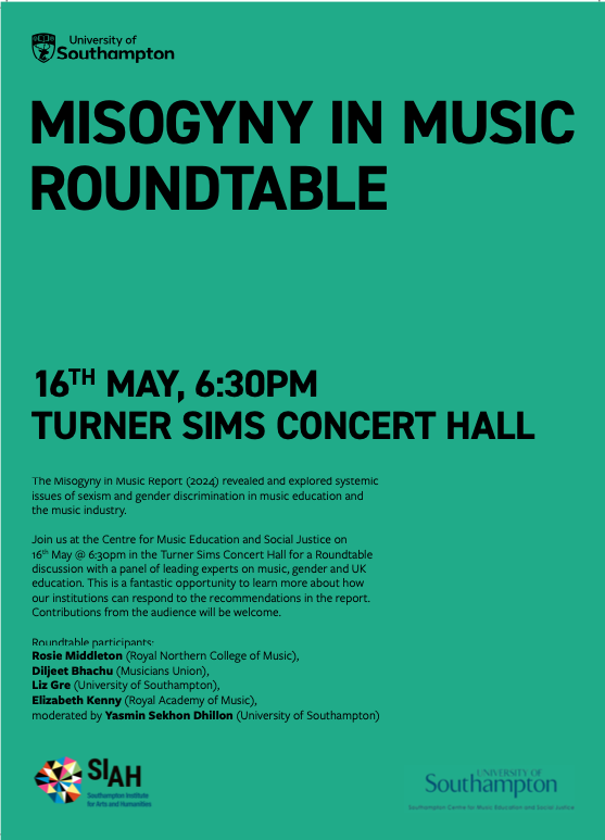 Free registration is now open for the 'Misogyny in Music Roundtable' on May 16th at 6:30 PM at @TurnerSims, University of Southampton. Secure your spot! Booking link in bio. #MisogynyInMusic