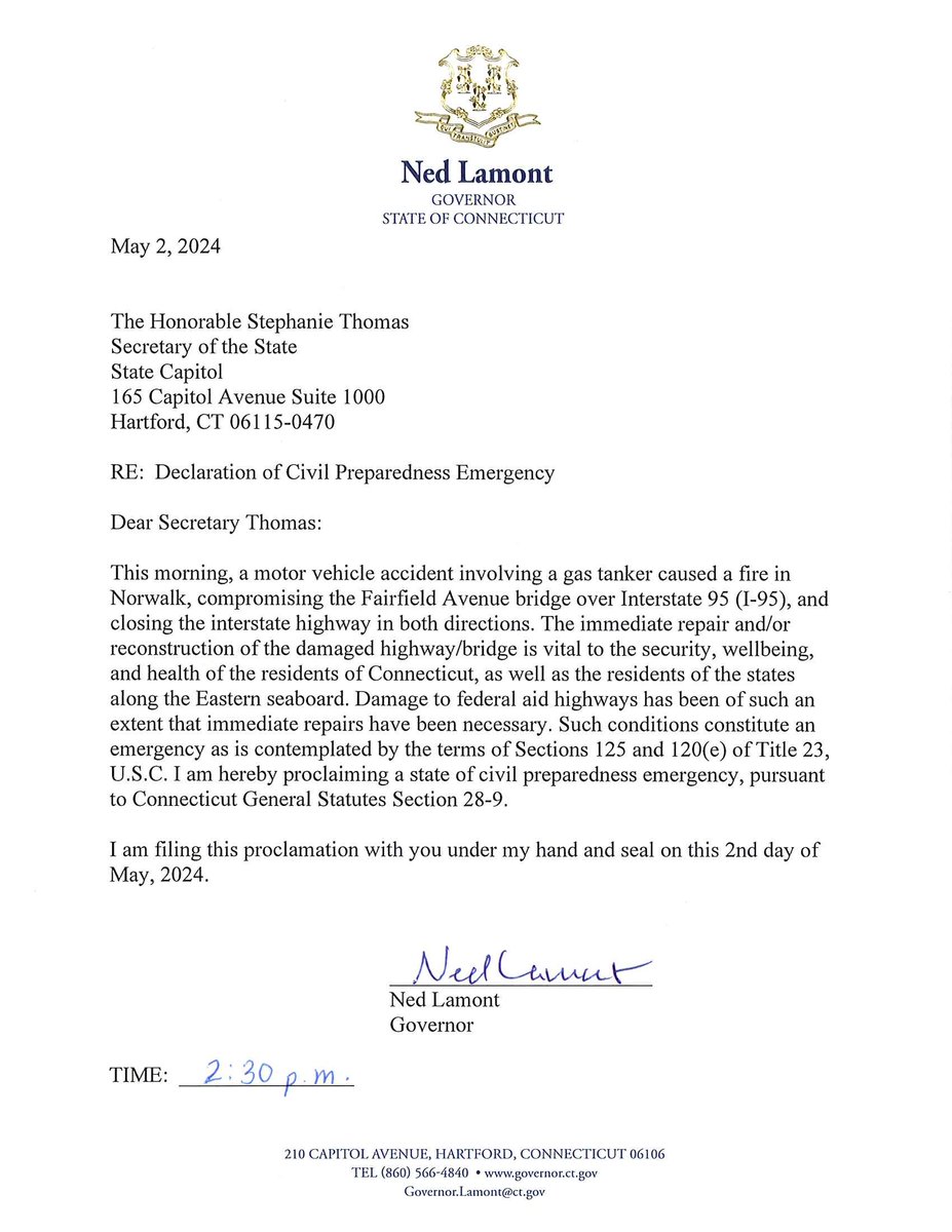 Earlier today, I declared a state of emergency in response to the damage that was caused to I-95 in Norwalk. This declaration will help expedite some of the resources needed for us to respond to this situation. I will continue to provide more updates as they become available.