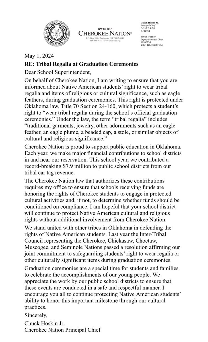 My administration, the Council and @CherokeeNation Deputy Chief Bryan Warner stand united in defense of native students wearing protected tribal regalia at graduations. Today I reached out to our public school partners with a reminder of students’ rights. #respect #OKedu