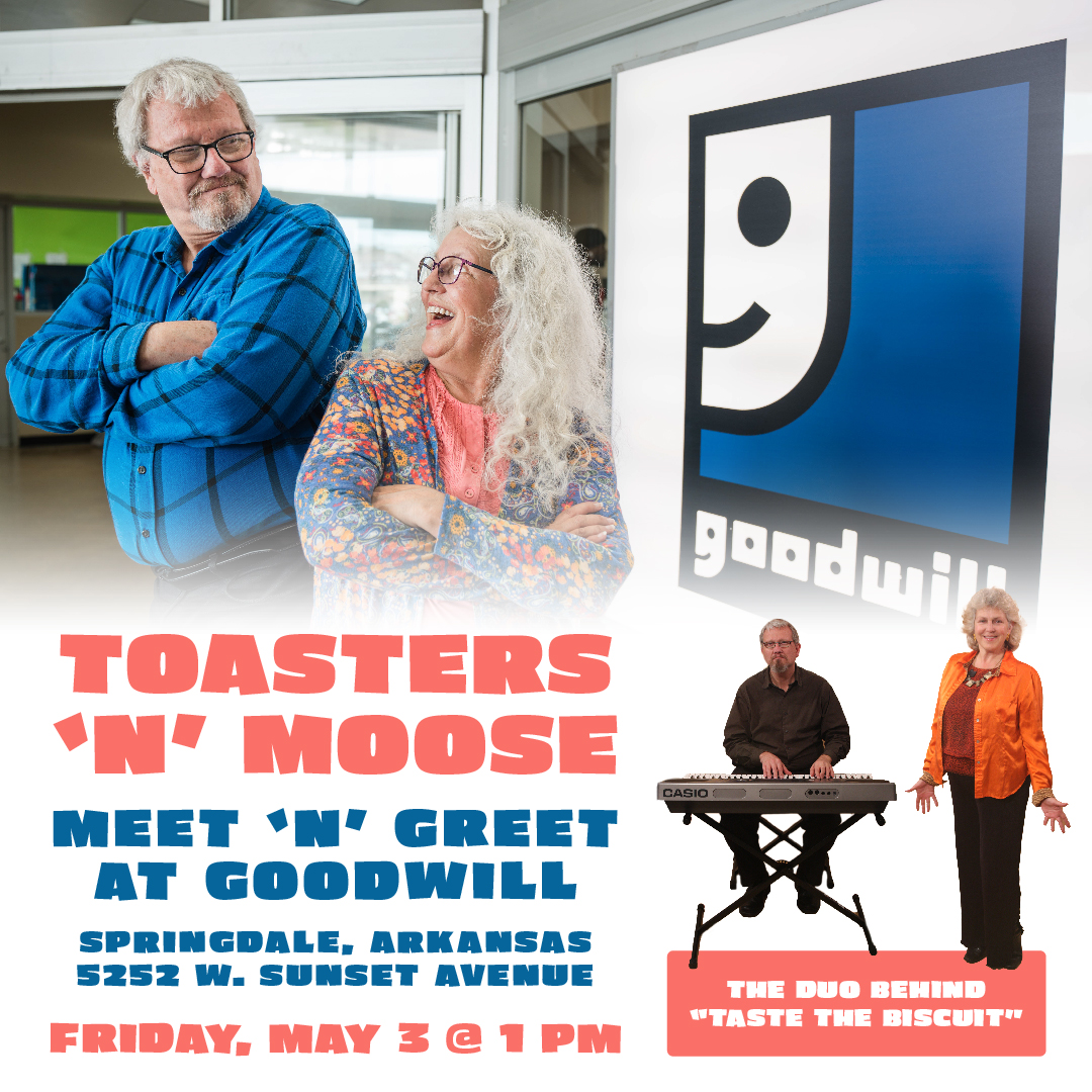 You won't want to miss this! 🤩 Come out TOMORROW to the Springdale Goodwill Store for a Meet 'N' Greet with Toasters 'n' Moose at 1 pm. TASTE THE BISCUIT! 💙 #tastethebiscuit #thriftthebiscuit #goodwillar
