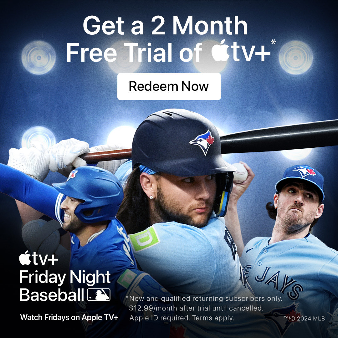 REMINDER: Your #BlueJays face the Nationals on #FridayNightBaseball tomorrow exclusively on Apple TV+ 

Watch with a 2-month free trial at apple.co/mlbgift