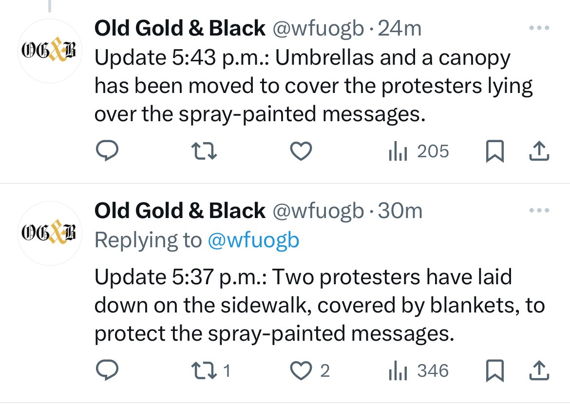 Well look at that. Two @WakeForest protestors are refusing to let the school remove spray painted hate speech. You know what to do Wake. Remove the protestors. Remove the vandalism. Expel them.