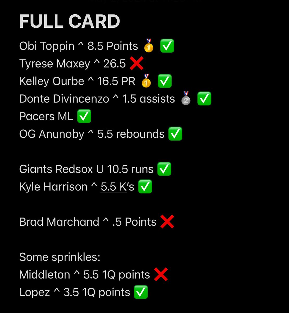 SwampDaddyBets's tweet photo. WE GO 6/8 ON NBA ✅🏀

2/2 on MLB ✅⚾️

And miss our NHL Prop

WE ALSO HIT 4 PERSONAL PLAYS AND WAS ONLY 1 LEG FROM CASHING THE 🎰COMMUNITY PARLAY🎰

🏃LETS RUN IT BACK TOMORROW🏃

FOLLOW ME FOR MORE PLAYS AND GIVEAWAYS!
#NBA #KNICKS #EMBID #Free #giveaway #GamblingX #ESPN #MLB https://t.co/RQDPHKRLBc