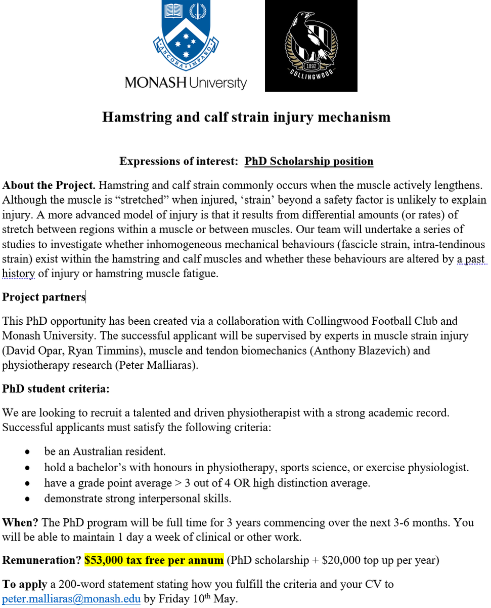 🔬 Dive into cutting-edge research on hamstring and calf strain mechanisms with our PhD Scholarship! $53,000 tax free per year for 3 years You need to be an Australian citizen. Apply now! #PhDScholarship @TonyBlazevich @ryan_timmins @davidopar