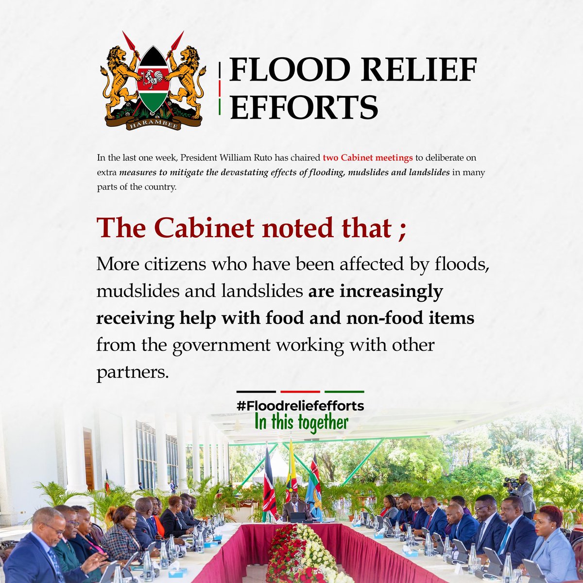 Citizens affected by floods mudslides abd landslides are receiving help with food and non food items from the government and other partners 
#FloodReliefEfforts
In It Together