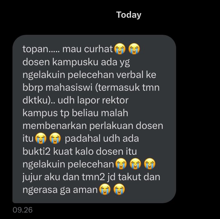 Temen-temen ada yg tau harus kemana dan gimana untuk melaporkan kasus pelecehan di kampus? 😰

Ada yg DM ke Topan. Mohon dibantu, orangnya udah ngerasa takut soalnya 🥲 

Makasih gaes 🙏🏻