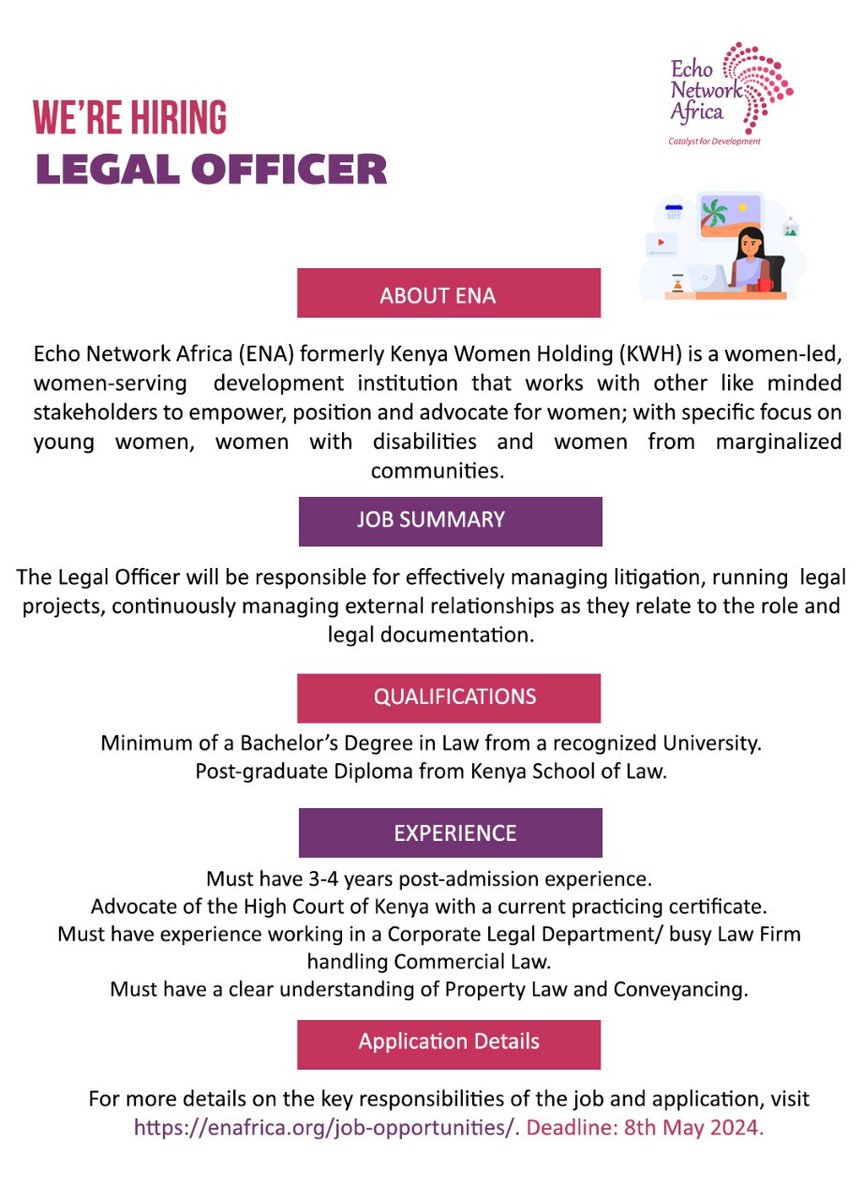 Please follow the link for key responsibilities and application details of the Legal Officer role: lnkd.in/dKjPMg-c #JobsKenya #IkoKaziKE #EchoNetworkAfrica #EchoNetworkAfricaFoundation