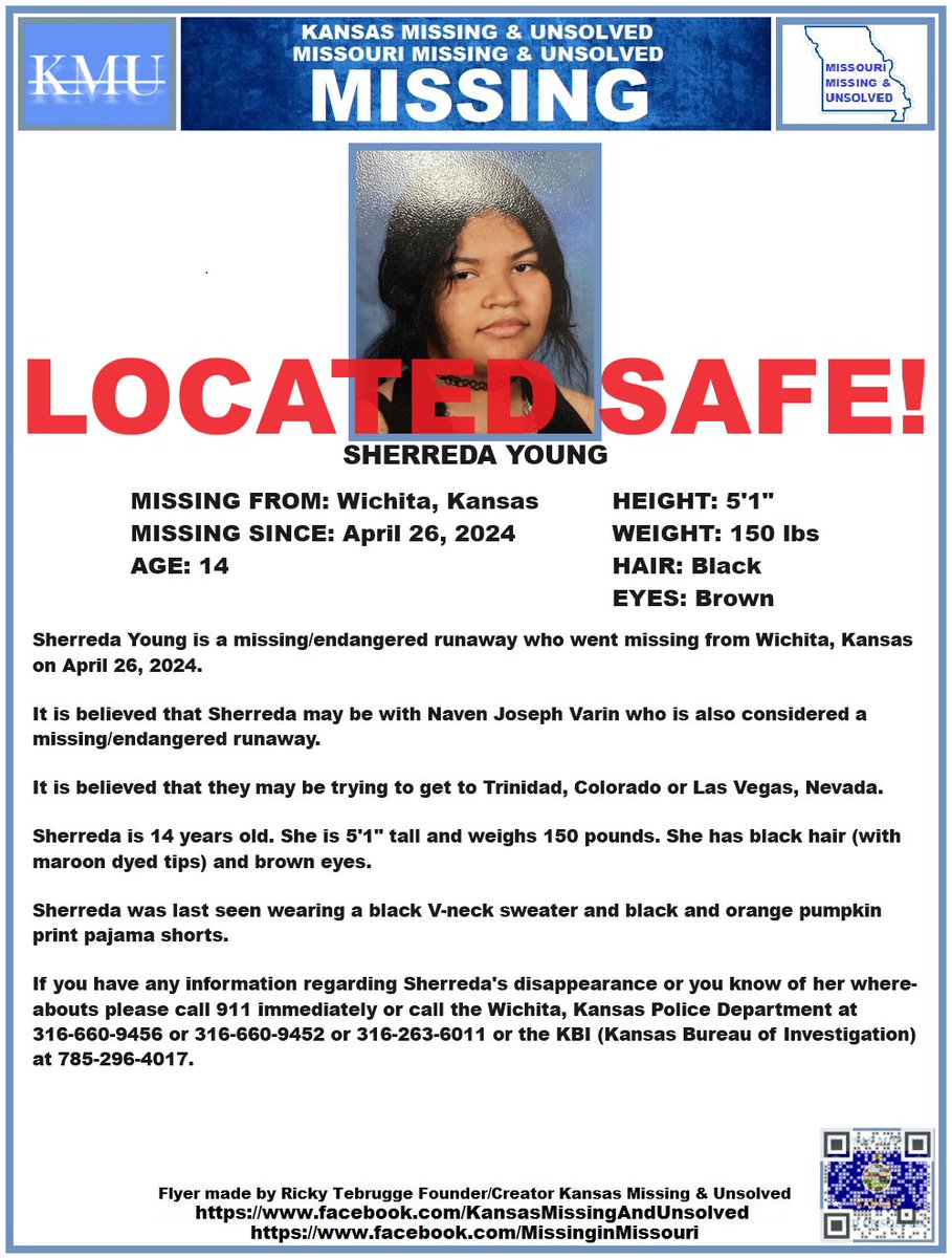 SHERREDA HAS BEEN #LOCATED SAFE!!! THANK YOU TO ALL WHO SHARED HER FLYER!!! #MISSINGPERSON #MISSING @AnnetteLawless #KansasMissing #MissingInKS #Kansas #WichitaKS
