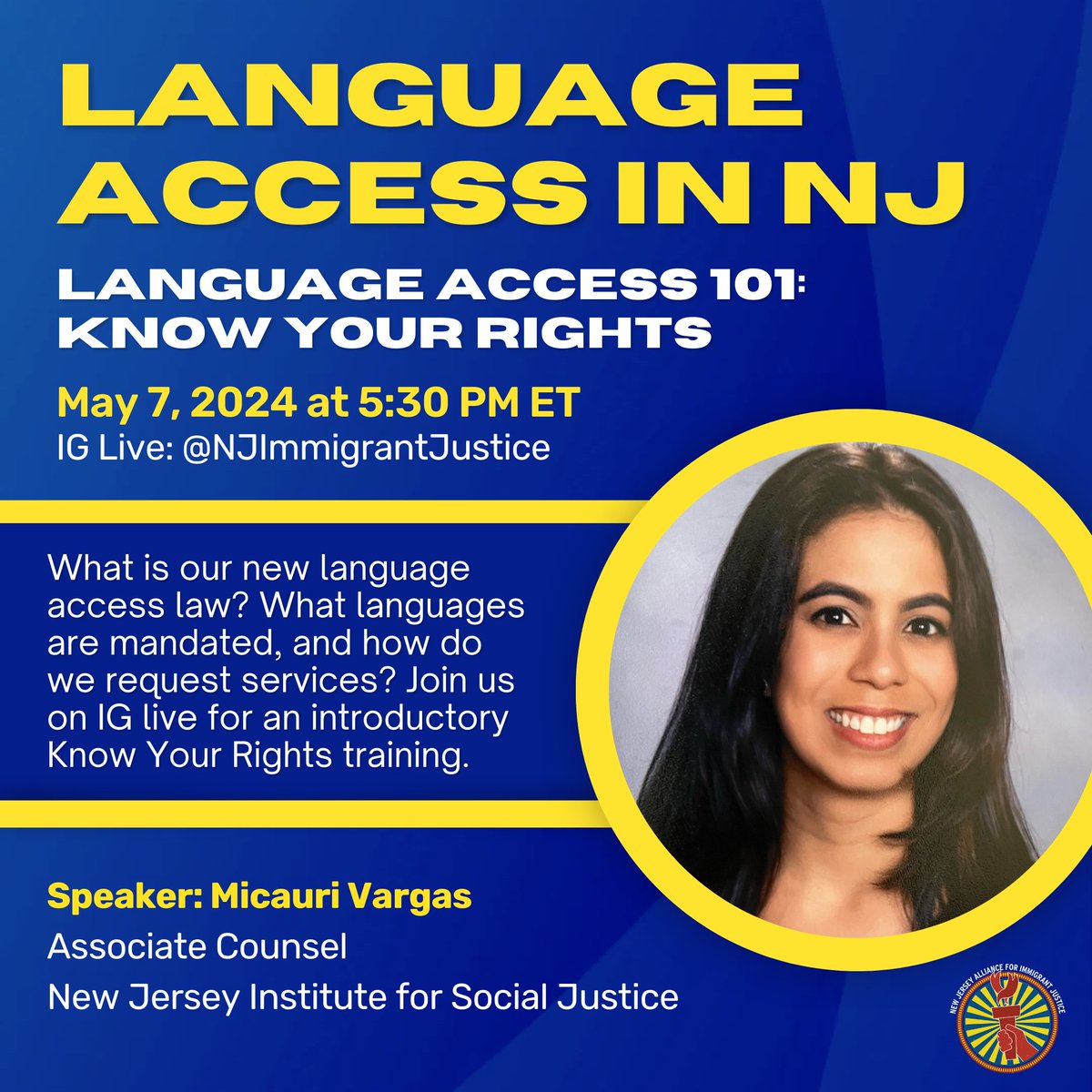 🚨 KNOW YOUR RIGHTS TRAINING 🚨

Want to learn more about NJ's new #LanguageAccess law? 

Join us and @NJ_ISJ for a Language Access 101 & KYR Training on Tuesday May 7 at 5:30 PM!

Livestreamed on: instagram.com/njimmigrantjus…