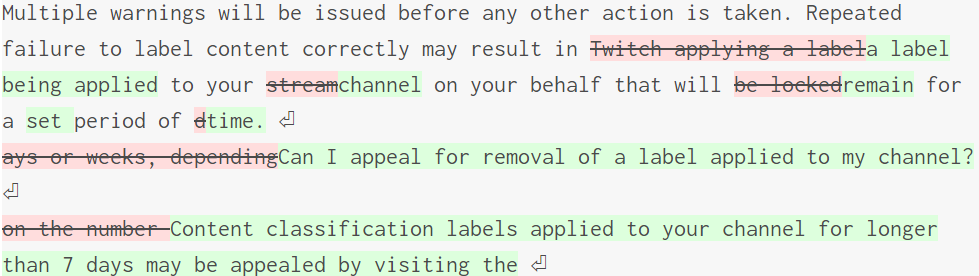 Twitch made a few small changes to the Content Classification Labels rules. - Removed the word 'physical attributes' when referring to sexualized content. - Labels forced by Twitch for longer than 7 days can now be appealed. help.twitch.tv/s/article/cont… #TwitchNews #TOSgg