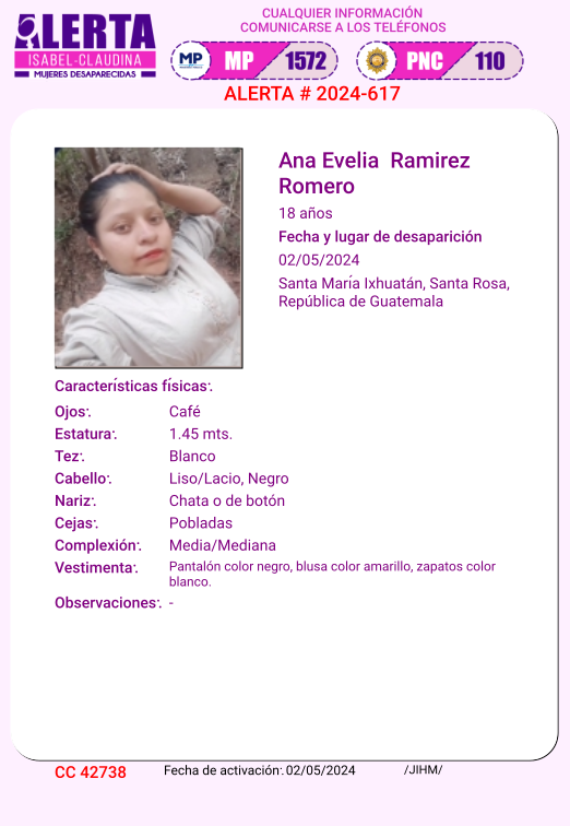 #AlertaIsabelClaudina 🚨 Ayúdenos a encontrar a Ana Evelia Ramirez Romero Desapareció el 02 de mayo de 2024 Cualquier información comunicarse al teléfono 📞 1572 Gracias por difundir esta información❗