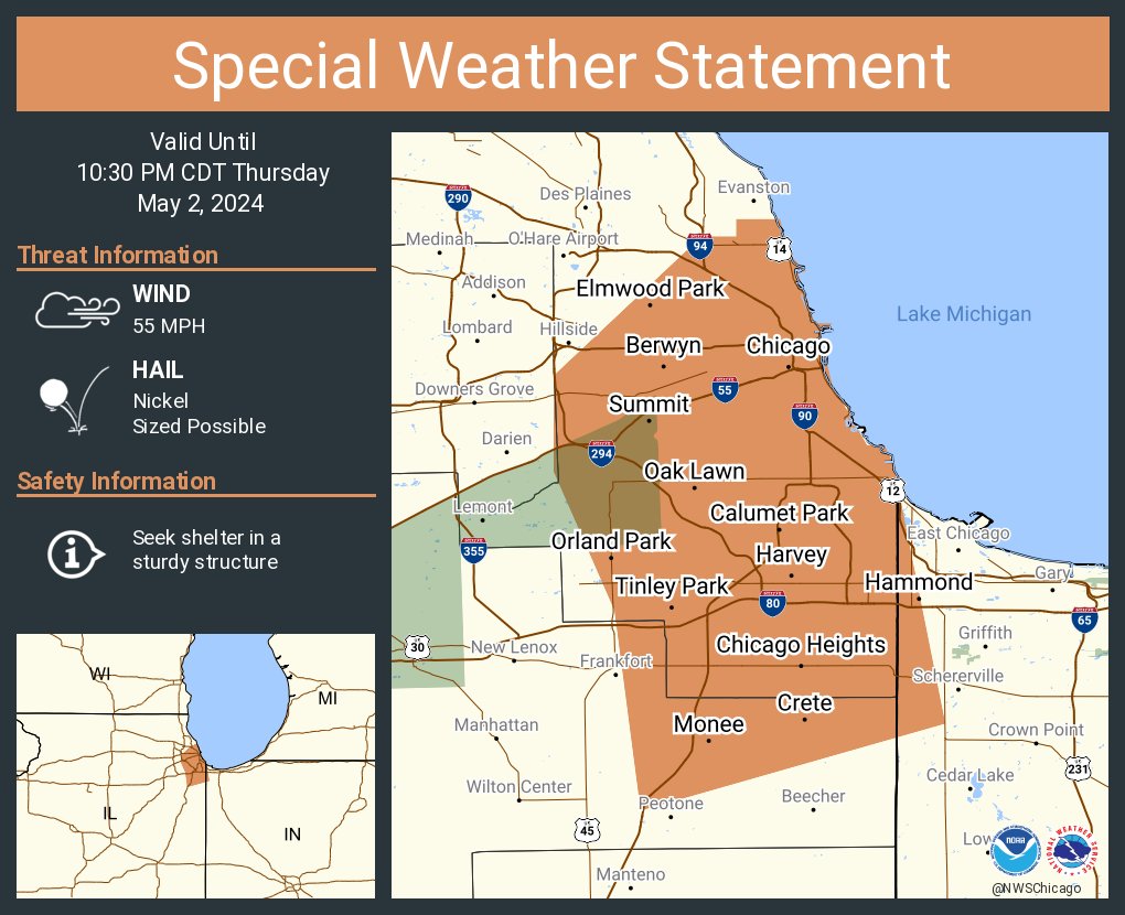 A special weather statement has been issued for Chicago IL, Cicero IL and Hammond IN until 10:30 PM CDT