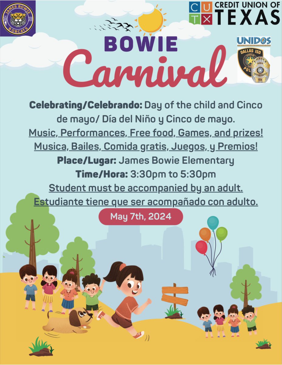Save the date for the Bowie Carnival celebrating Cinco de Mayo and Día del niño!

¡Reserve la fecha para el Carnaval de Bowie que celebra el Cinco de Mayo y el Día del niño!