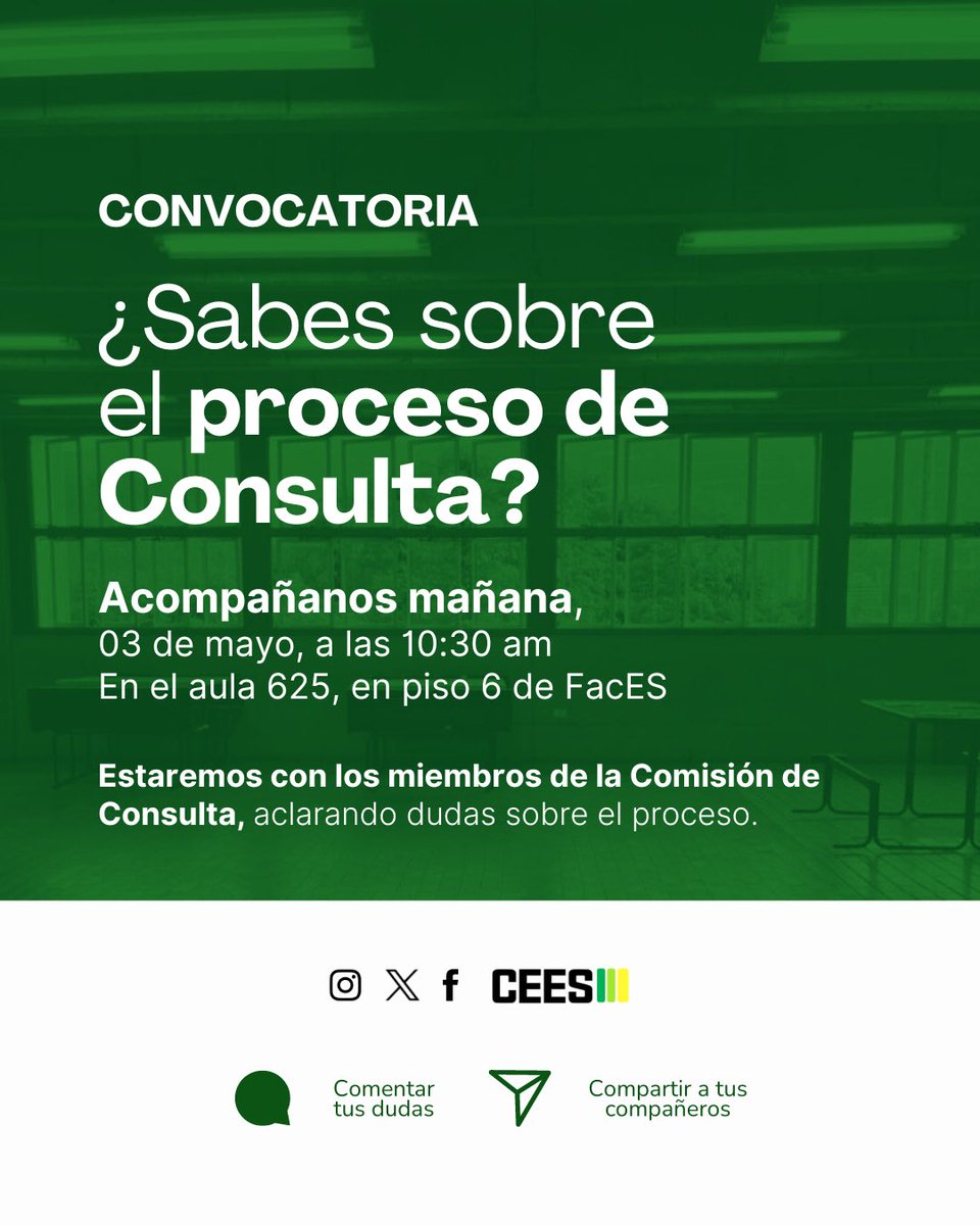 #Convocatoria 🔔 | A pocos días para el 10 de mayo, conoce a la Comisión de Consulta y como llevan a cabo la planificación del proceso.

🤔 Aclara tus dudas con nosotros y conoce. La cita es para mañana, #03Mayo.

➡️ Te esperamos a las 10:30 am, en el aula 625 de nuestra escuela.