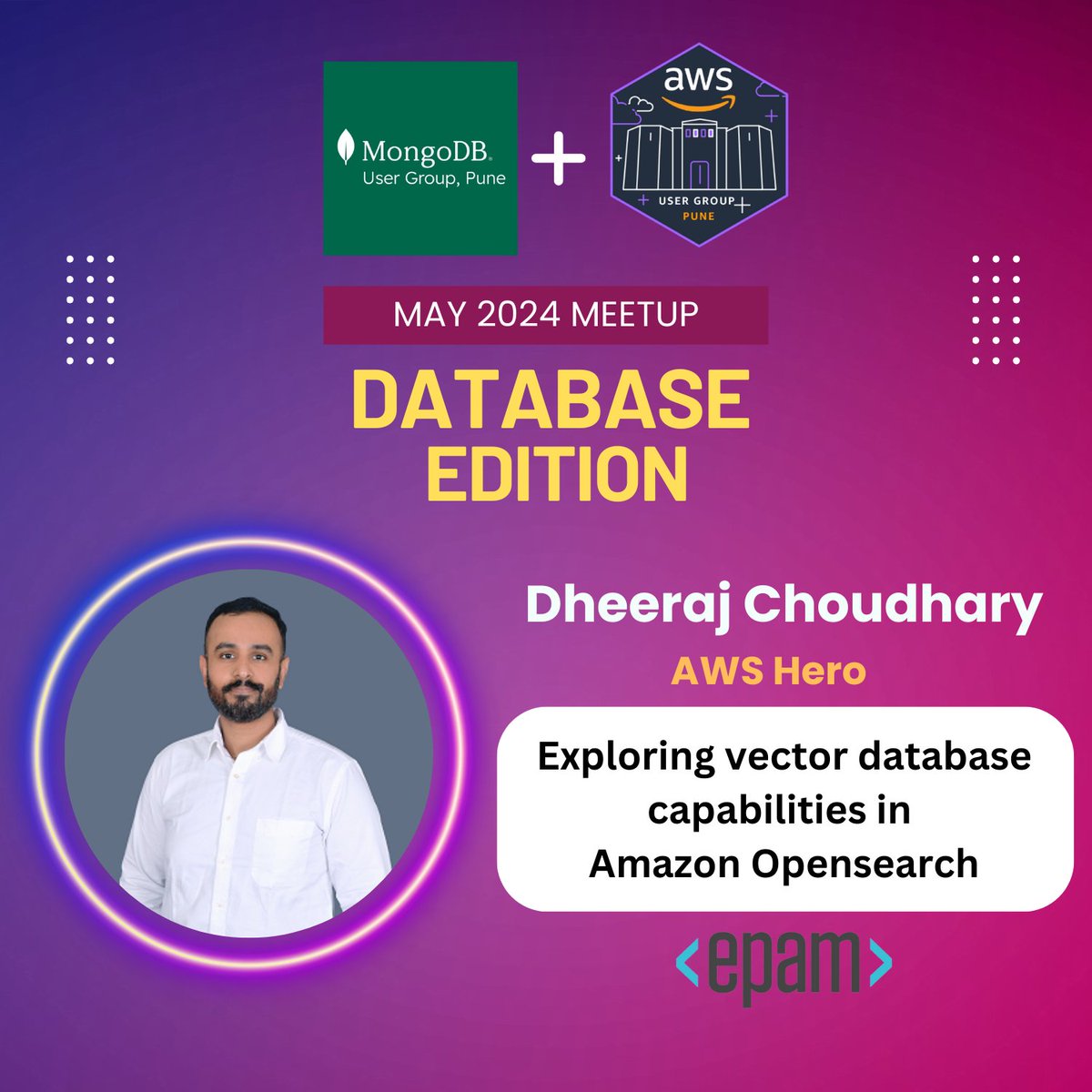 🎙 Join me tomorrow for an insightful tech talk! 🌟 Excited to announce that I'll be giving a talk on 'Exploring Vector Databases Capabilities with Amazon OpenSearch Service' in upcoming AWS User Group Pune + MongoDB User Group Pune collaborative meetup at Blazeclan Technologies