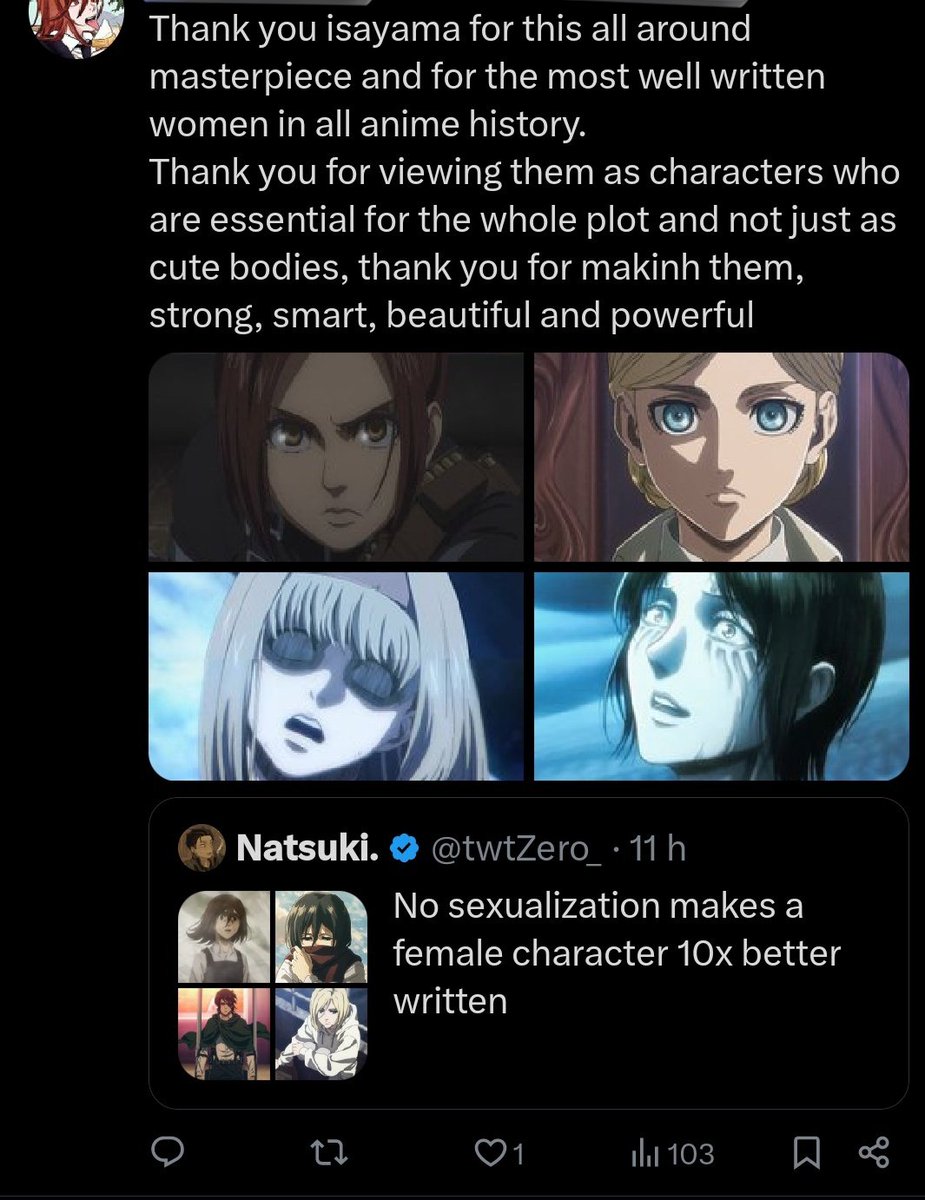 '''Best written women of all times'' and putting Sasha & Ymir Fritz is crazy. 
Open the schools!!! 

Why are we even thanking him for the minimum? 💀