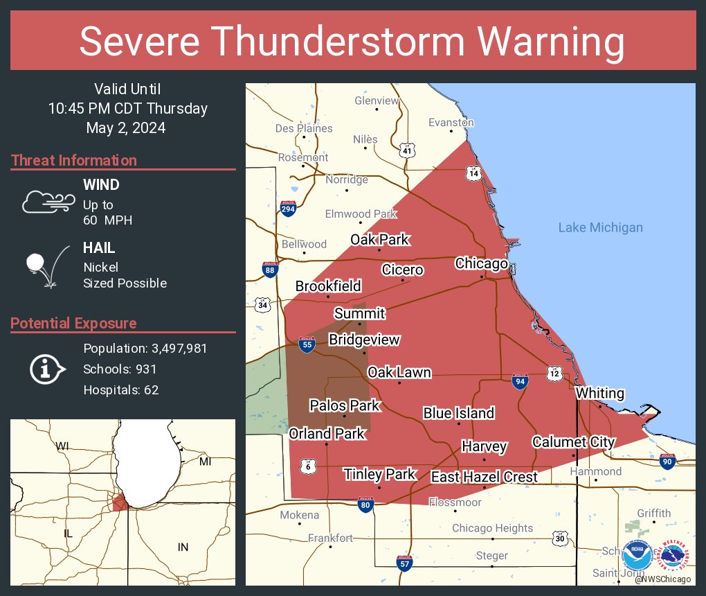 Severe Thunderstorm Warning including Chicago IL, Cicero IL and Orland Park IL until 10:45 PM CDT