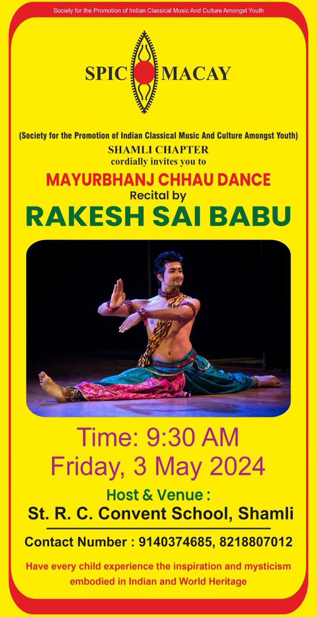 strcshamli's tweet photo. Experience the magic of dance and music as Rakesh Sai Babu, an acclaimed artist, graces St. R. C. Convent School on May 3rd at 9:30 AM.
#IndianCulture #ClassicalArts #SPICMACAY https://t.co/6UPREKipNU
