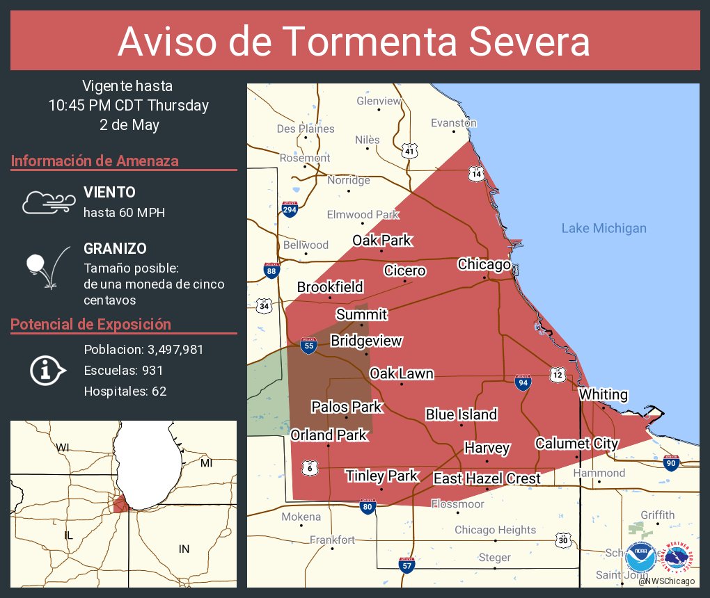 Aviso de Tormenta Severa incluye Chicago IL, Cicero IL, Orland Park IL hasta las 10:45 PM CDT