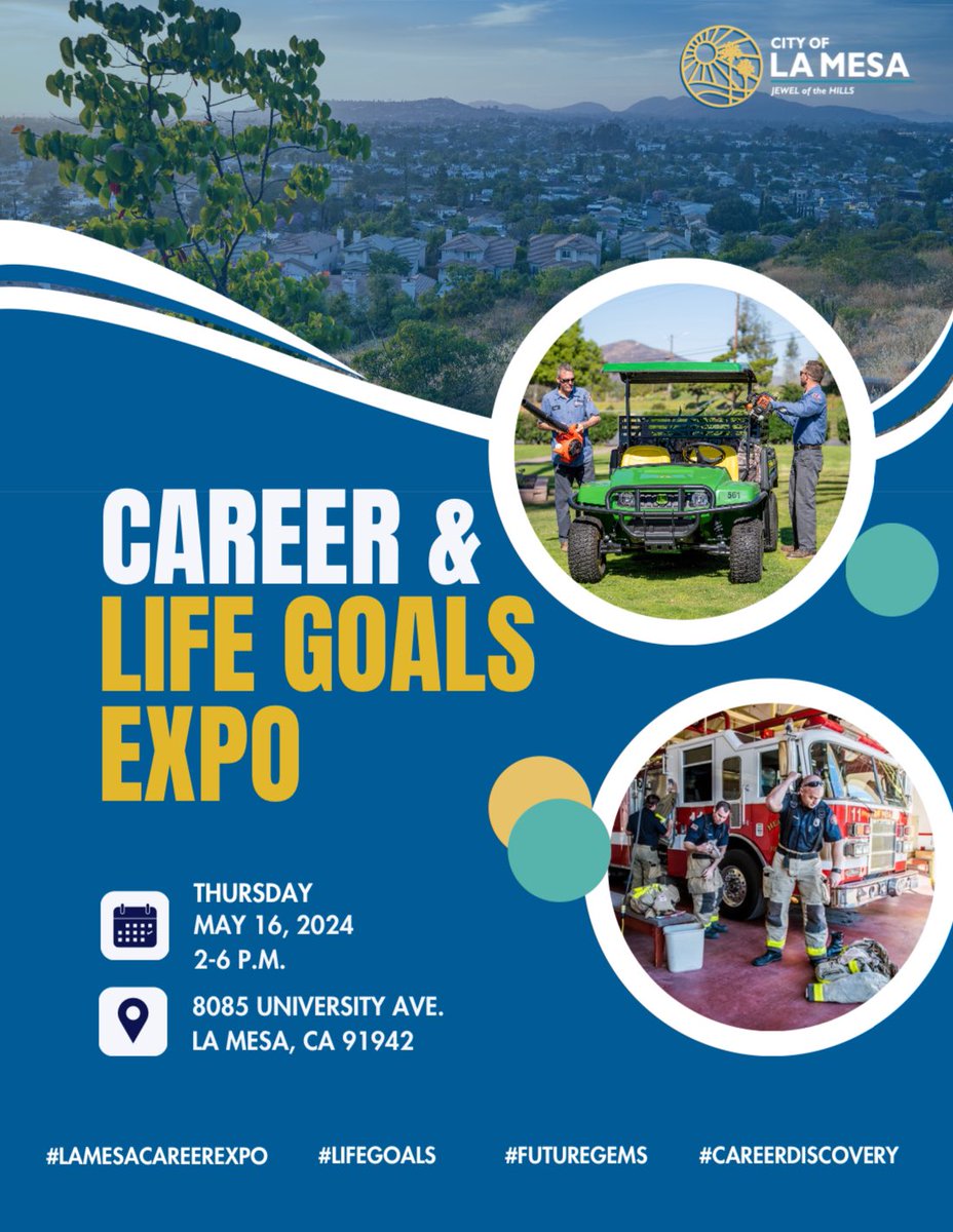 GOALS! 👩🏽‍🎨👷🏻👨🏻‍🍳🧑🏿‍🚀👨🏼‍🚒 Teens & Pre-Teens (and their parents) are invited to the La Mesa Career & Life Goals Expo! Come explore different life paths after school on 5/16. #LaMesa #LaMesaCareerExpo #LifeGoals #FutureGems #CareerDiscovery #LMSV #GUHSD
