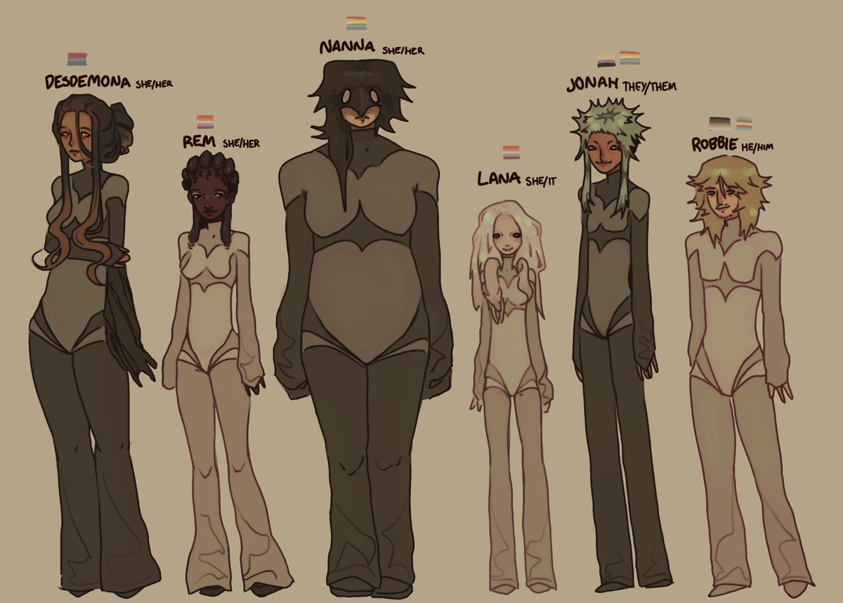 Lineup of secondary characters from my OC story green glass !!! The fire sign nymphs…… they are mech pilots and deeply troubled #artmoots