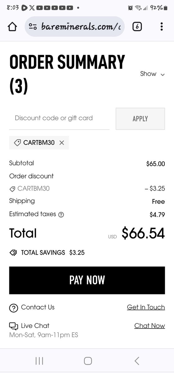 @bareMinerals you sent me an email stating the item in my cart is 30% off, so I applied the discount, and it only took off $3.25. 30% off $65.00 is $45.50?????