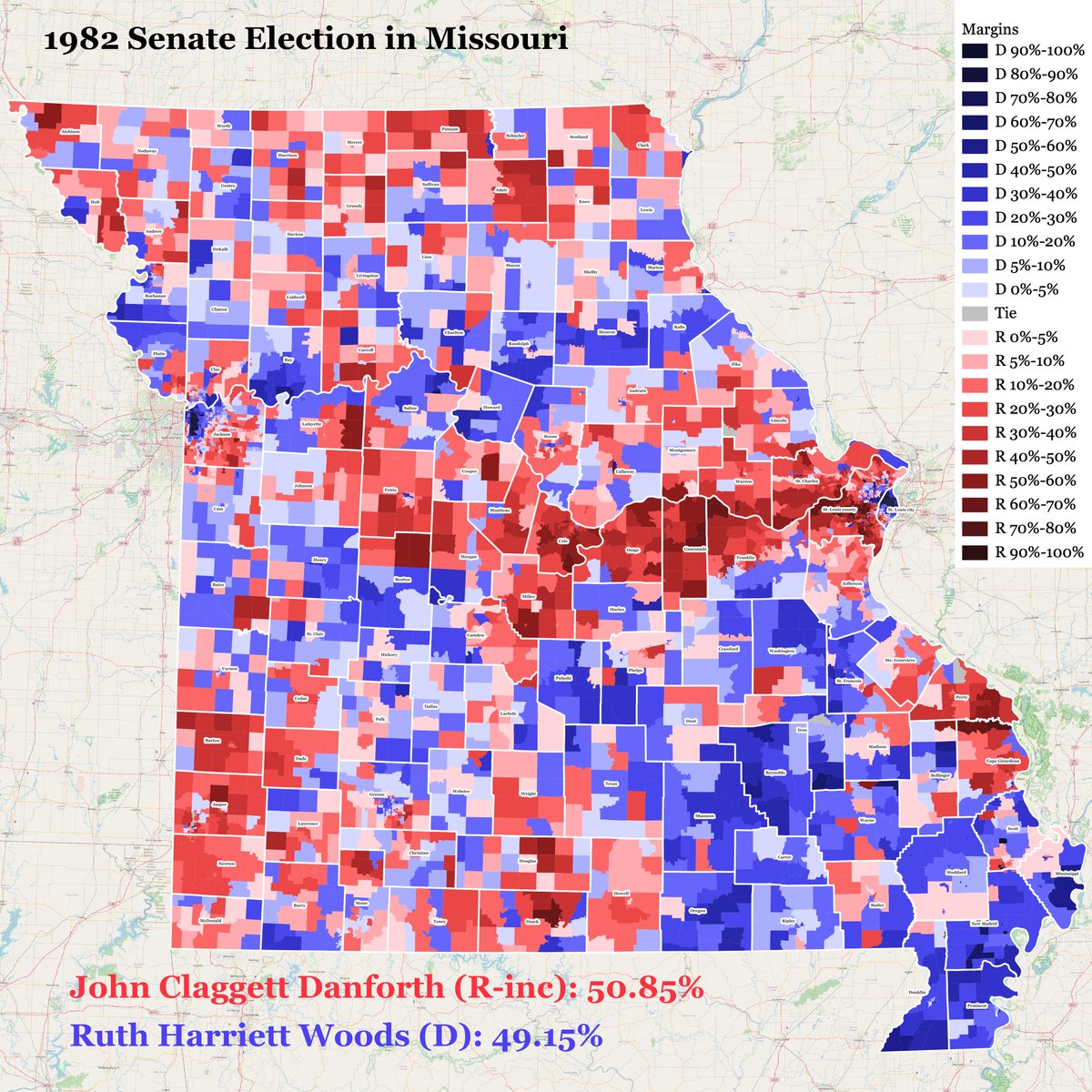In the 1982 Missouri Senate race, outspoken liberal abortion-rights icon Harriett Woods nearly beat Missouri Republican stalwart John Danforth in this midterm barnburner, running up the score more than usual in SE MO, but getting bodied in the St. Louis and KC suburbs.