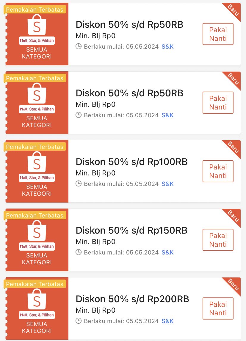 Kode Voucher Shopee Promo 5.5 sudah bisa diinput dari sekarang nih guys.

- SHOPEE55GEMETER
- SHOPEE55TERKEJUT
- SHOPEE55BERGETAR
- SHOPEE55KAGET
- SHOPEE55MERINDING
- SHOPEE55INGAT2
- SHOPEE55PROMOPUNCAK
- SHOPEE55KAGETTERUS

Input kode disini, segera ⤵️
shope.ee/9A0JEQPJFx