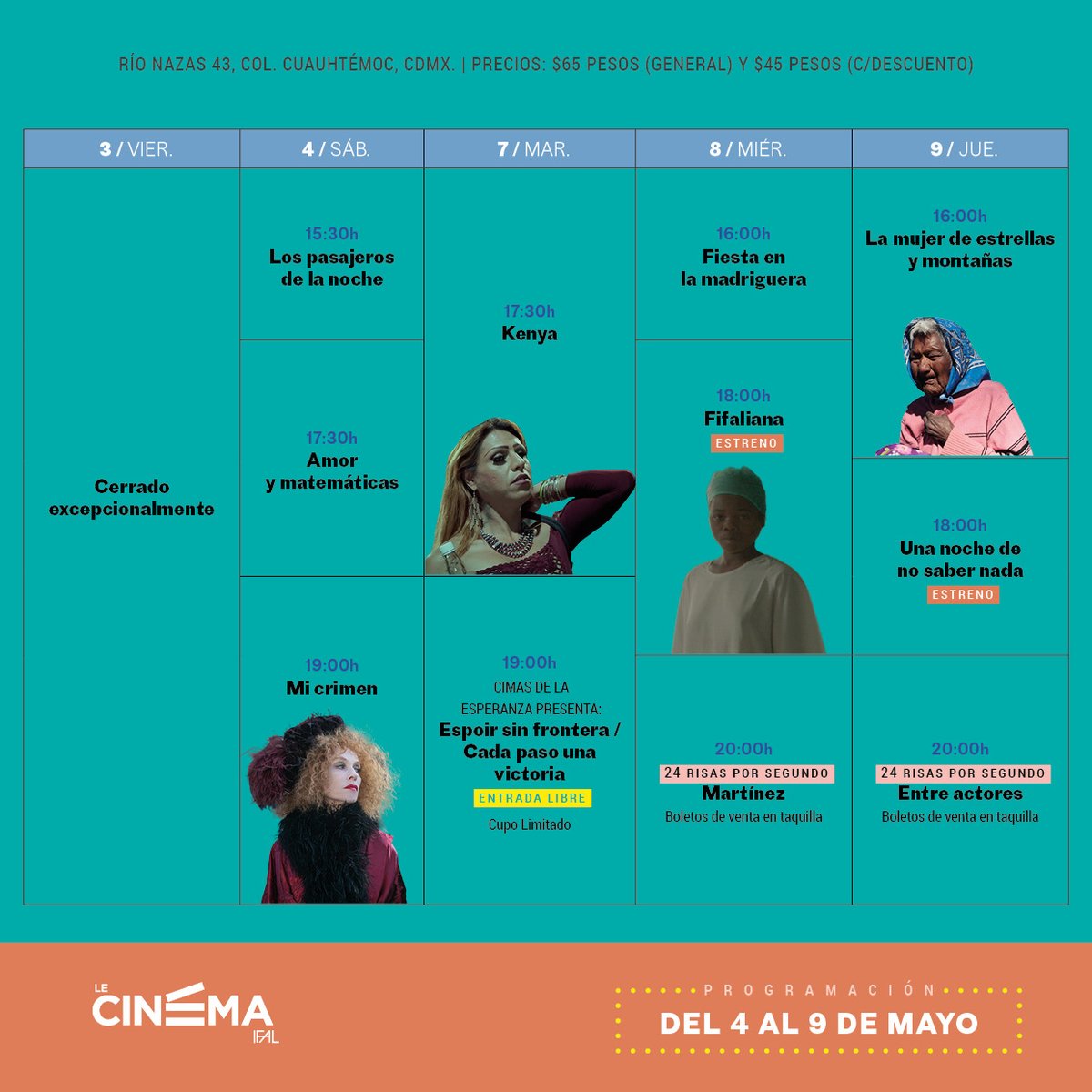 CINE🎥 - Cartelera del sábado 4 al jueves 9 de mayo en @_lecinema 

#Estreno 'Fifaliana' y 'Una noche de no saber nada'

El festival @24RisasXSeg presenta: 'Martínez' y 'Entre actores'

⚠️El viernes 3 de mayo la sala de cine estará cerrado