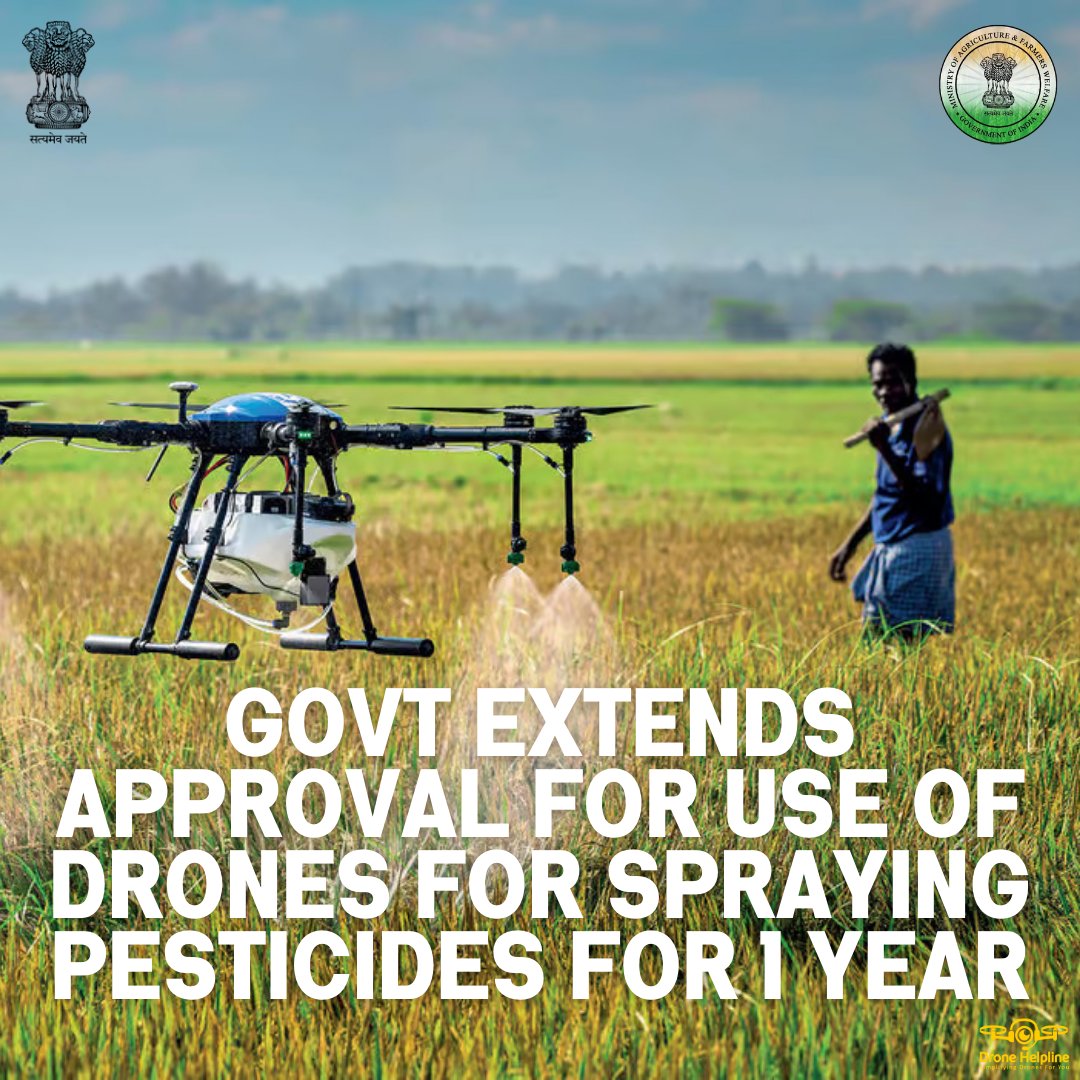 🌱Govt extends drone use for pesticide spraying by plant protection firms for 1 yr from April 18, 2024. 🌾🚁SOPs cover all aspects, incl. safety and emergency plans. Approved pesticides only. source:t.ly/d9A20 #drones #dronetech #droneinagriculture #agriulturaldrone
