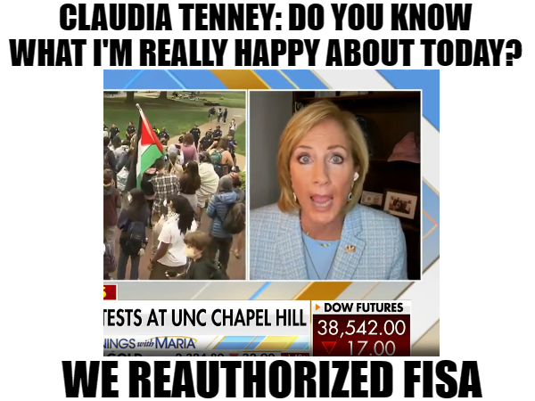 @VivekGRamaswamy @Jim_Banks 'Republican' Claudia Tenney today on Fox: 'Do you know what I'm really happy about today?' 'We reauthorized FISA' Shame on her Donate to @MarioFratto 🇺🇸 to get that RINO Claudia out of Congress and a real America First Republican for New York's 24th congressional district!