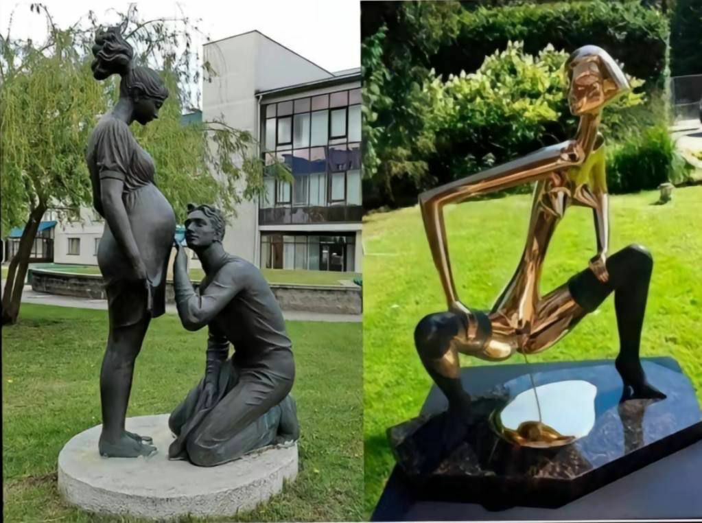 One of these sculptures is in Belarus, and another is in Latvia. Can you guess which country has which sculpture?