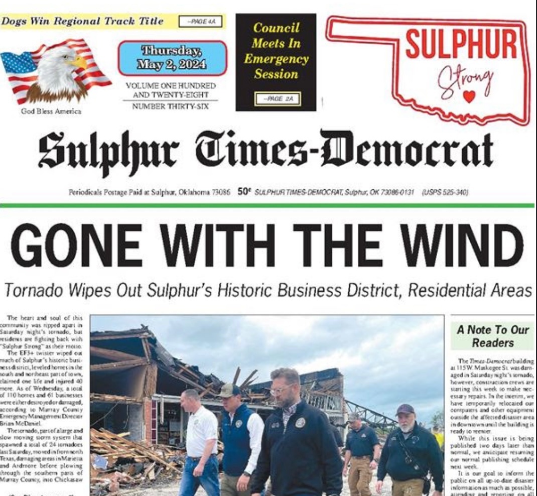 The Sulphur Times-Democrat has published its first issue after a tornado destroyed most of downtown Saturday night.