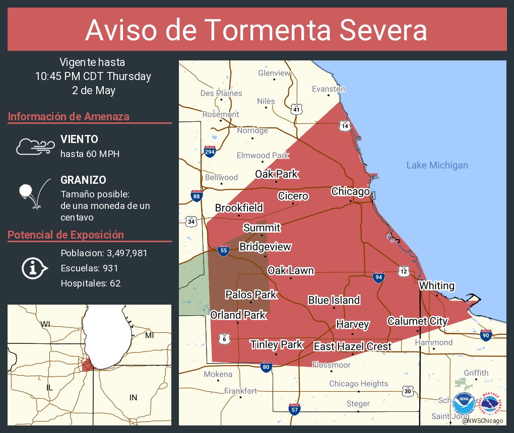 Aviso de Tormenta Severa continúa Chicago IL, Cicero IL, Orland Park IL hasta las 10:45 PM CDT