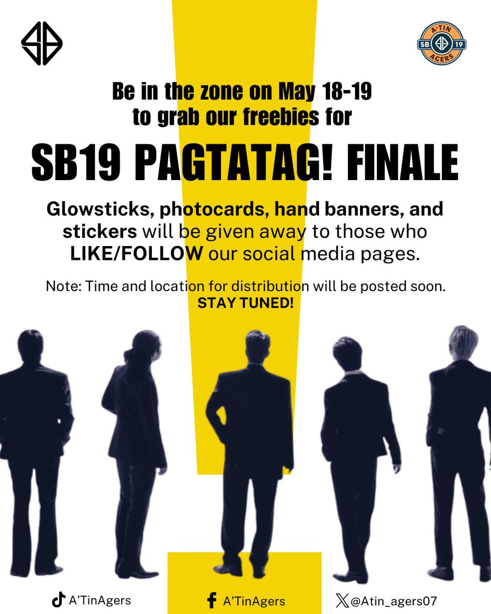 📣📣📣

Pagtatag ⚠️ Finale will be 2 weeks from now. 

Grab again our A’tin Agers freebies… 
.
.
✅Glowsticks
✅Hand Banners
✅Photocards
✅Stickers
.
.
.
Simply follow our social media pages. 

…and don’t forget to stream #MOONLIGHT .

#PagtatagFinale #SB19