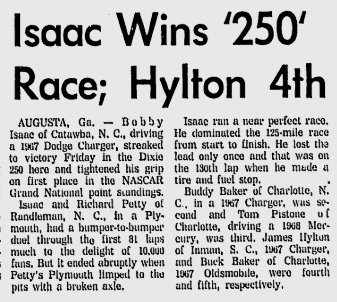 56 years ago today, Bobby Isaac won the 1968 Dixie 250 @ Augusta Speedway.