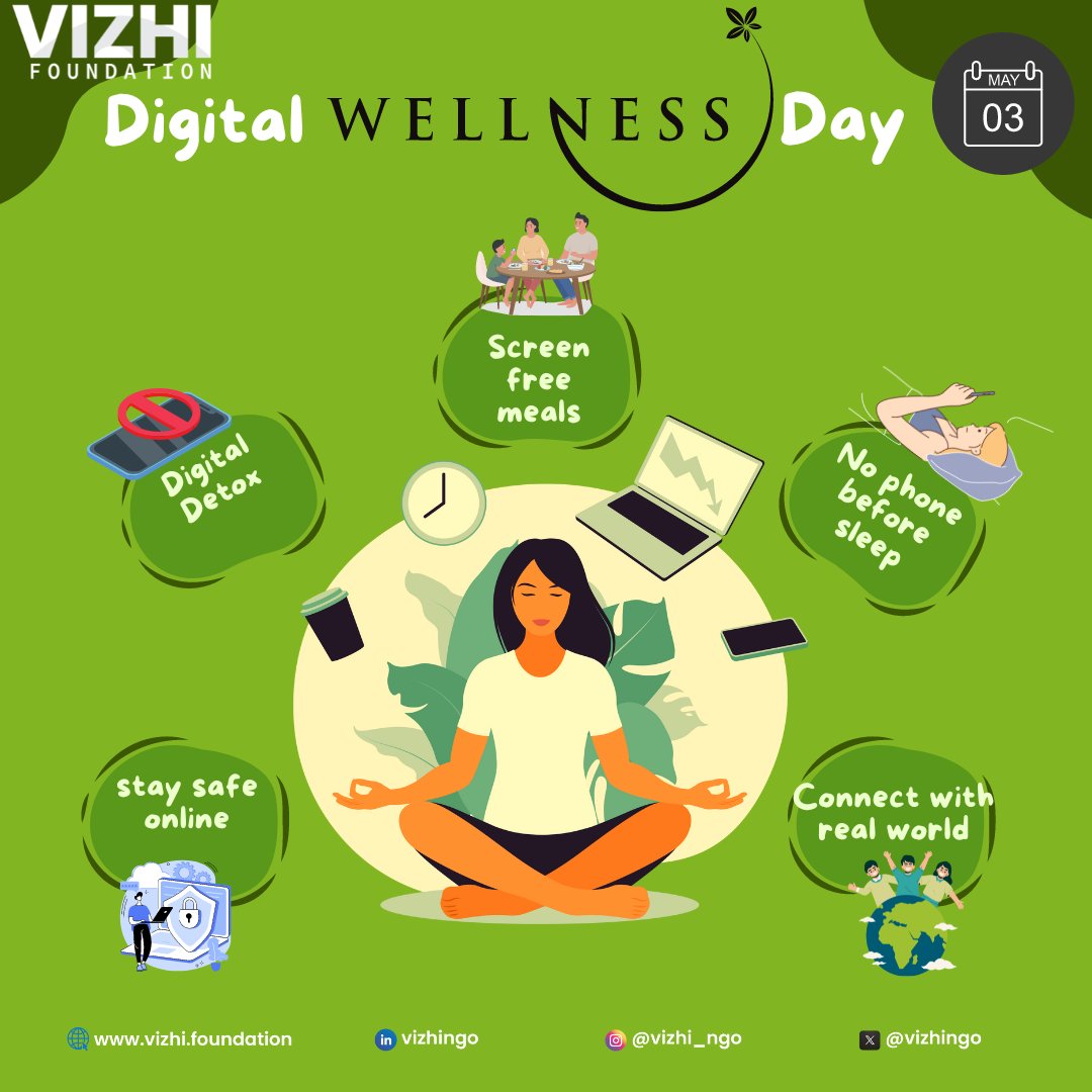 Digital balance isn't a luxury, it's a necessity.

Reclaim your time and tune into life this Digital Wellness Day!

#digitalwellnessday #unplugtoreconnect #screentime #vizhifoundation #digitalwellbeing #mobileaddiction