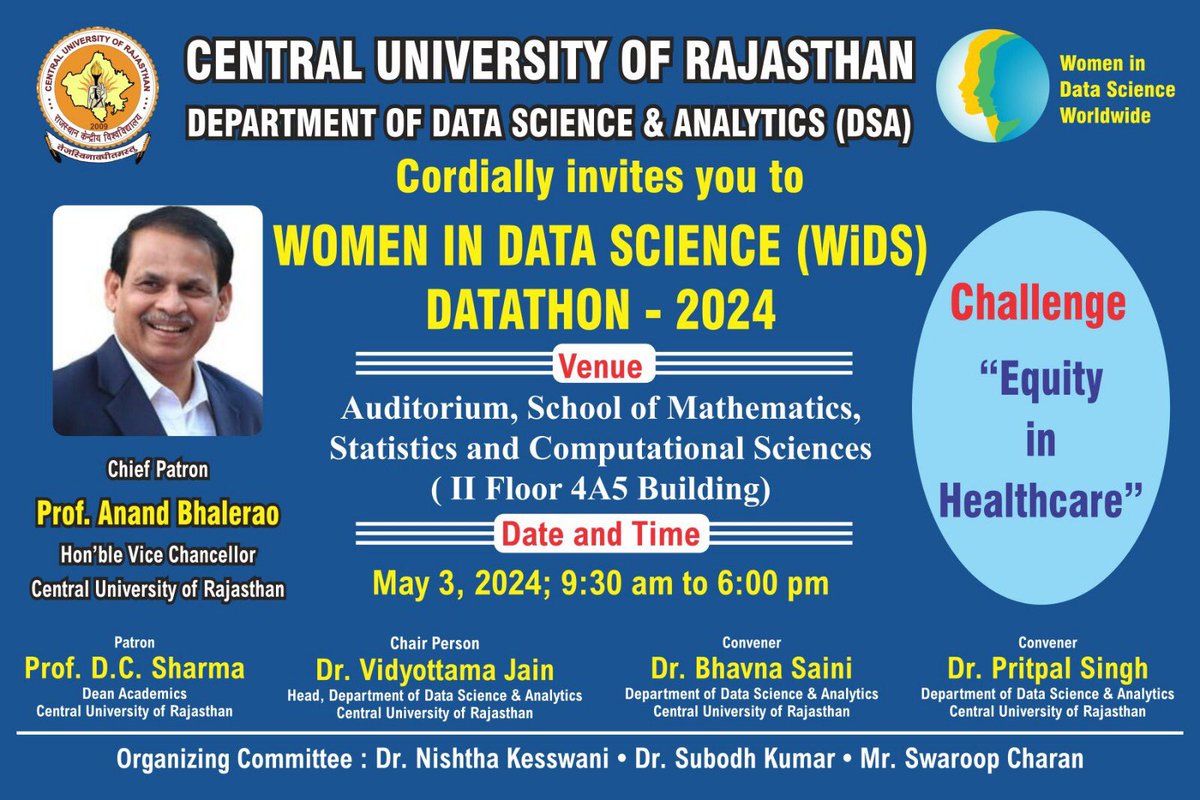 Department of Data Science and Analytics is hosting a Datathon today focusing on #WomenInDataScience! Can't wait to see the innovative solutions and insights. Let's empower women in this rapidly evolving field!
Prof Anand Bhalerao 
Vice Chancellor
#analytics #datascience