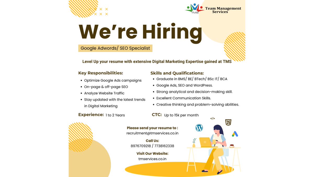 Passionate about PPC and SEO? We want you! Join our team as a Google AdWords and SEO Specialist. 

recruitment@tmservices.co.in | 8976709218 – 7738162338 

#tms #hrmode #hr #hrservices #hroutsourcing #hrsolutions #mumbai #friday #GoogleAds #SEO #digitalmarketing #SEM #PPC