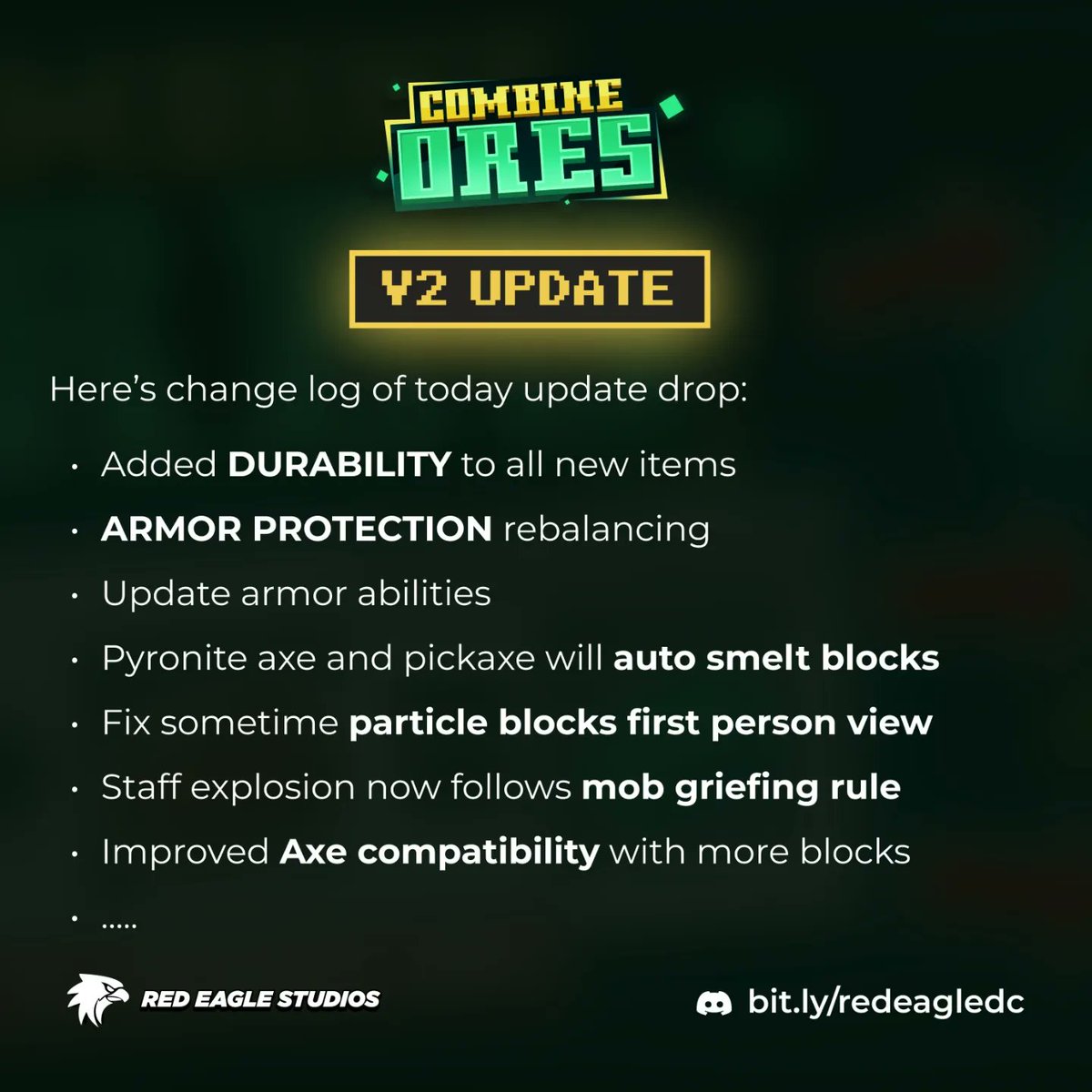 RedEagleStd's tweet photo. COMBINE ORES V2 IS LIVE
Please share the news with your friends!
Here is a list of changes from the drops!
(1/2)
#minecraft #minecraftaddon #minecraftmarketplace #minecraftdlc https://t.co/etKu5hpa7i