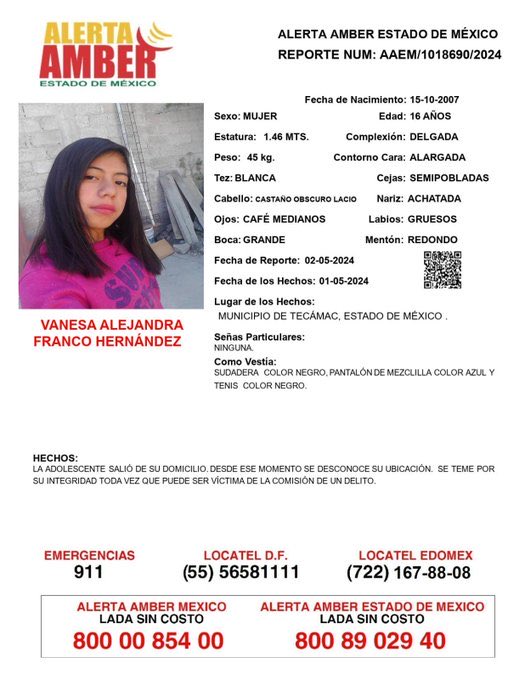 📍Tu apoyo es importante, ayúdanos a difundir, cualquier información para localizar a la siguiente persona comunícate al 📞800 890 2940 Alerta Amber EDOMEX y ☎️ 800 7028 770 #FiscalíaEdoméx.