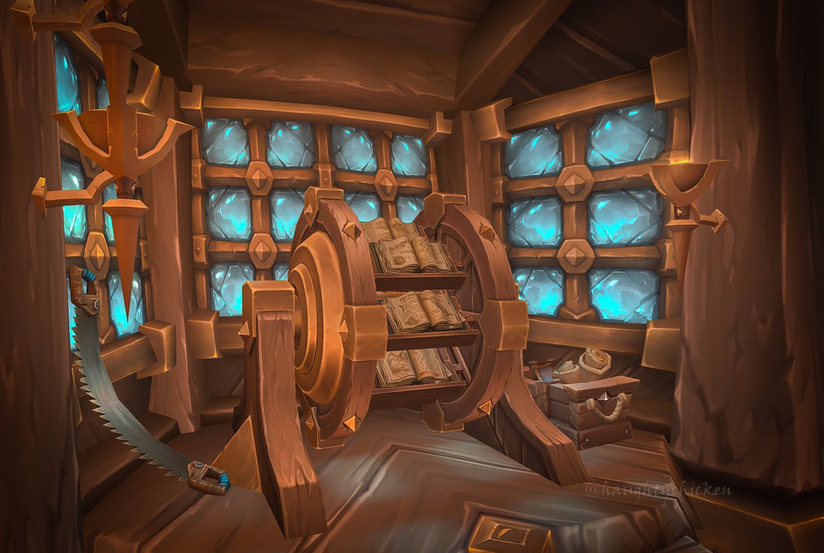 At the opposite end to the airshipwrights classroom is this little working area, complete with tools and woodshavings on the floor. A range manuals sits on a wooden medieval book carousel. Wonderful artwork ♥️#TheWarWithin #WoW