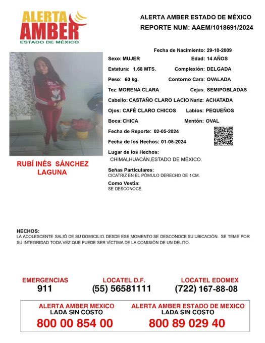 📍Tu apoyo es importante, ayúdanos a difundir, cualquier información para localizar a la siguiente persona comunícate al 📞800 890 2940 Alerta Amber EDOMEX y ☎️ 800 7028 770 #FiscalíaEdoméx.