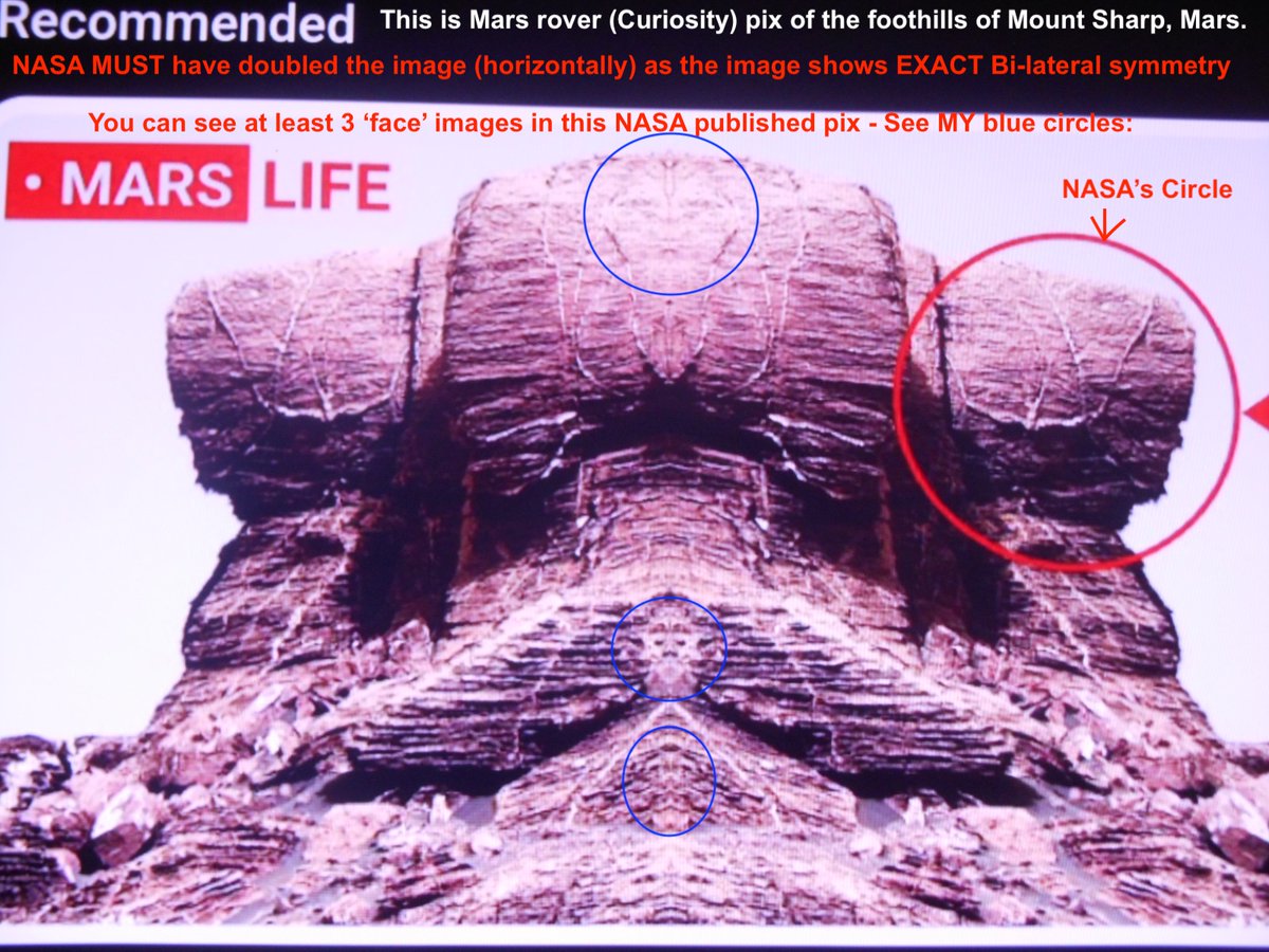 NASA today published this TV video of a lower region of Mt. Sharp, Mars... taken by Curiosity. The left still pix (during pan video) I took off TV is UNALTERED. The other is annotated by me. Interesting (& deceptive of NASA, of course)...