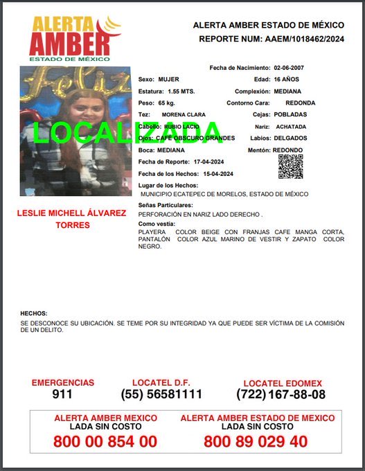 ⭕️ La #FiscalíaEdoméx informa la desactivación de la siguiente #AlertaAmberEdoméx. Agradecemos a población en general y medios de comunicación, el apoyo brindado para su publicación.