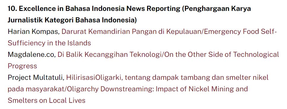 Kemenangan kecil di bulan ultah @projectm_org. Salah satu serial reportase kami jadi finalis @sopasia Award 🥳 Serial #HilirisasiOligarki bisa dibaca di sini: projectmultatuli.org/serial/hiliris…