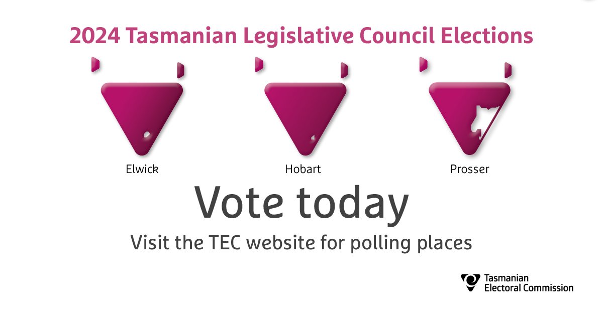 If you are an elector in the division of Elwick, Hobart or Prosser, you'll need to vote in today's Legislative Council Elections. Polling places are open from 8am-6pm. Check the Saturday newspapers or visit tec.tas.gov.au/polling-places to find a location near you. #politas #taspol