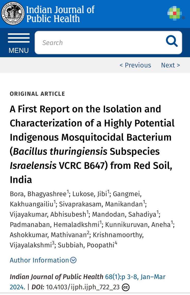 Study from @ICMRVCRC Puducherry. 'The new isolate screened from red soil was identified as Bacillus thuringiensis subspecies israelensis (VCRC B647) as per the ilvD gene sequence analysis. The strain was found to be potentially effective in controlling mosquito larvae, and…