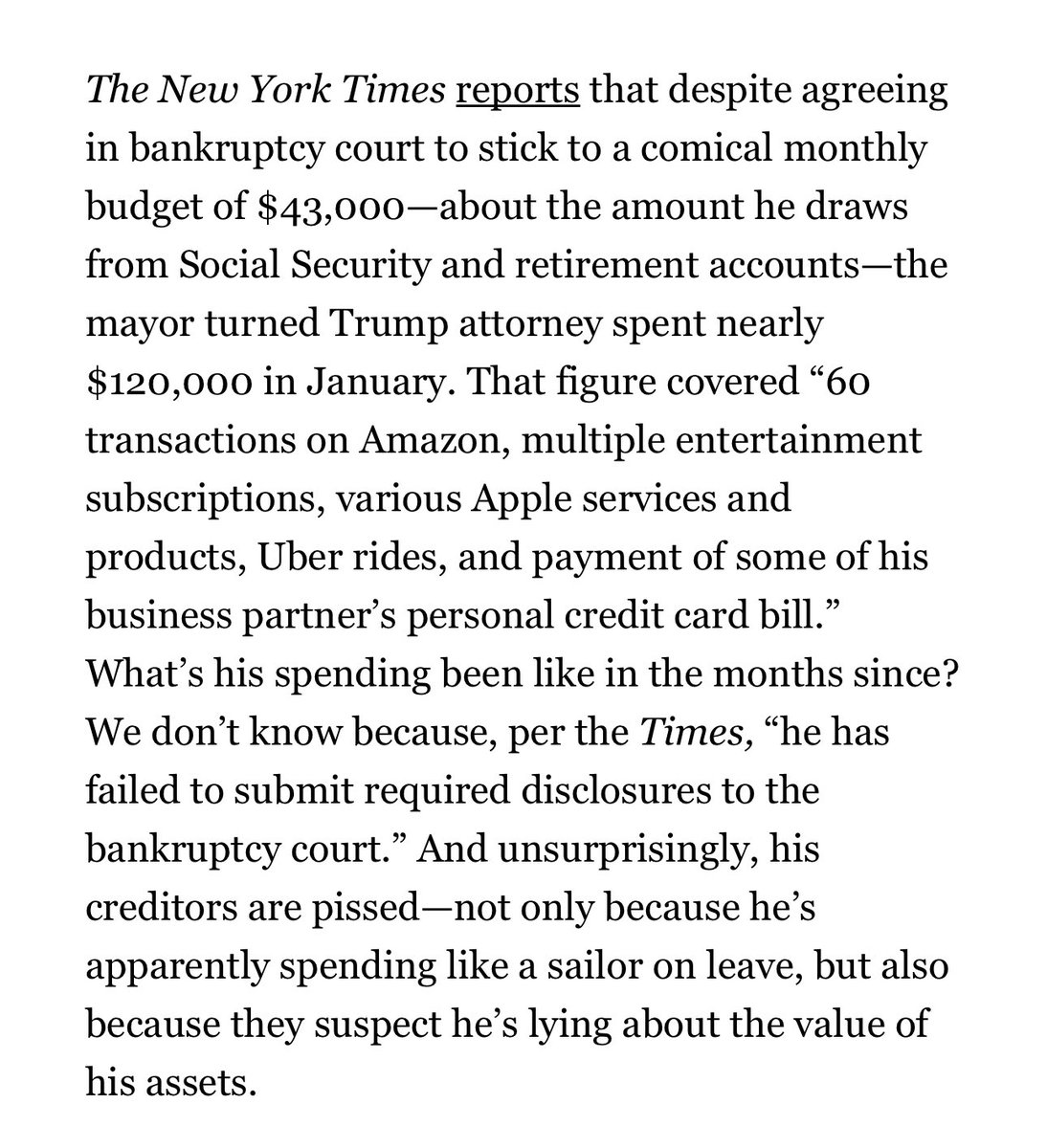 Rudy Colludy defamed Ruby Freeman and Shaye Moss, they sued & were awarded 150 million. Rudy filed bankruptcy. He says he can barely make it living on a $43,000 a MONTH budget. Many Americans don’t make that in a year!